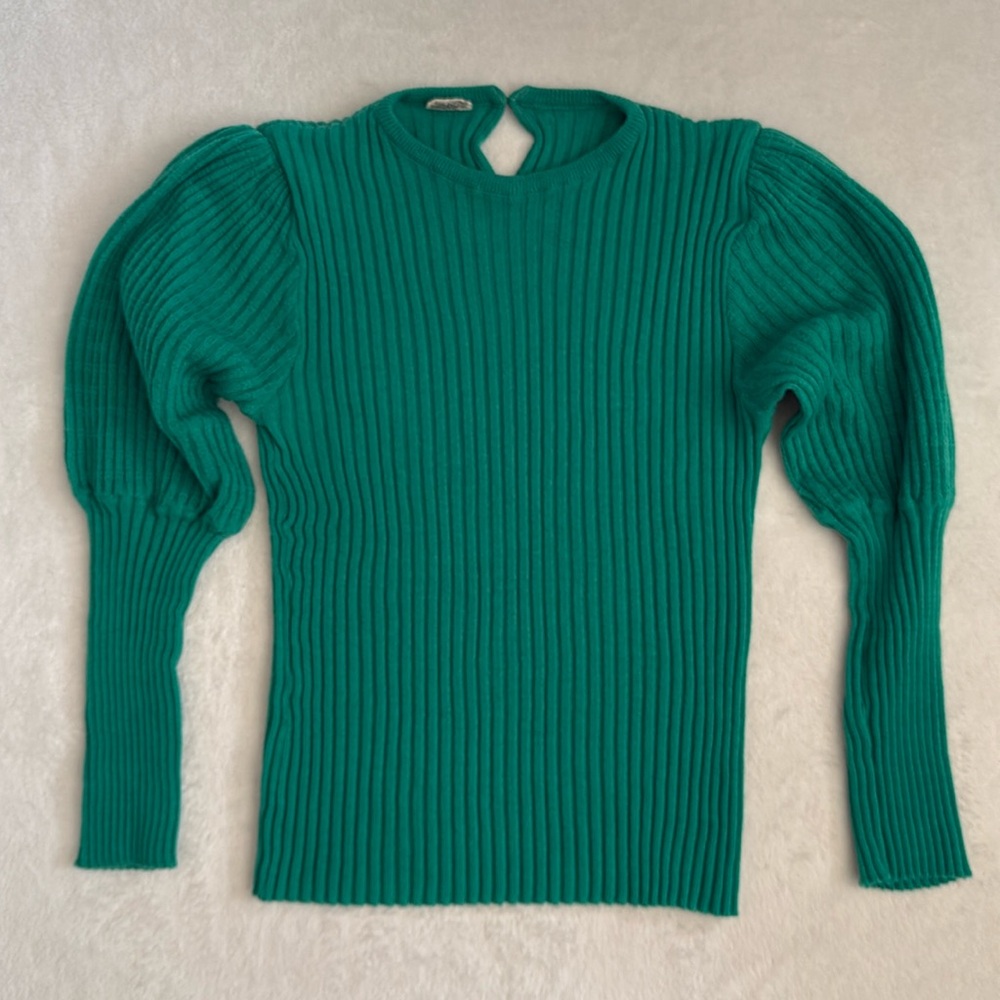 {VTG} Georgie Porgie | 70s/80s Rib Sweater Puff Sleeves Kelly Green (M)